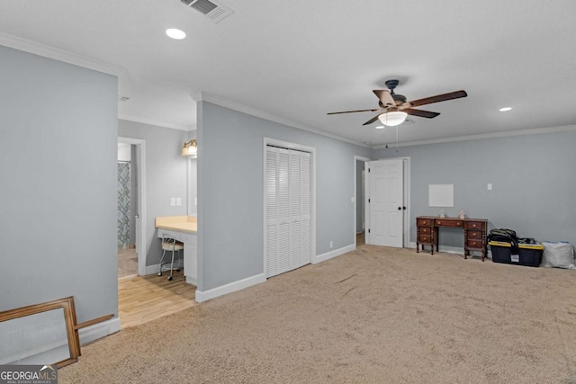 1207 College Ave, Blackshear, GA 31516 - bedroom featuring an office area, carpet flooring, crown molding, recessed lighting, and a ceiling fan