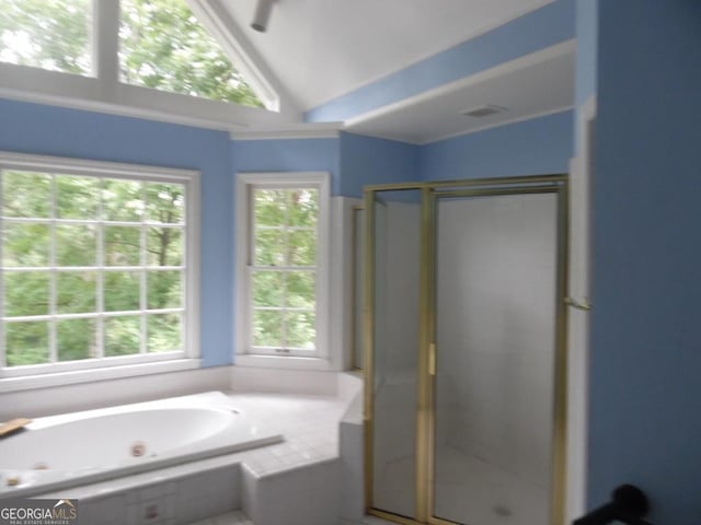 1205 Pebble Bend Dr, Grayson, GA 30017 - full bath with lofted ceiling, a tub with jets, and a shower stall