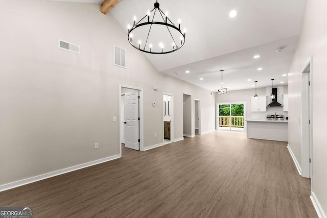 130 E Railroad Ave, Alto, GA 30510 - unfurnished living room featuring a chandelier, beamed ceiling, recessed lighting, dark wood-type flooring, and high vaulted ceiling