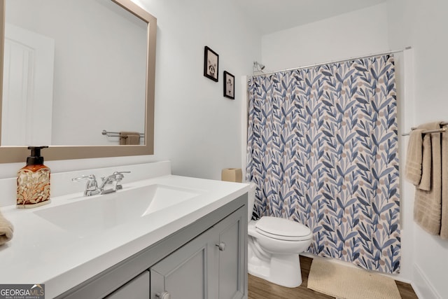 425 Eldridge Dr, Suwanee, GA 30024 - bathroom featuring vanity, wood finished floors, and a shower with curtain