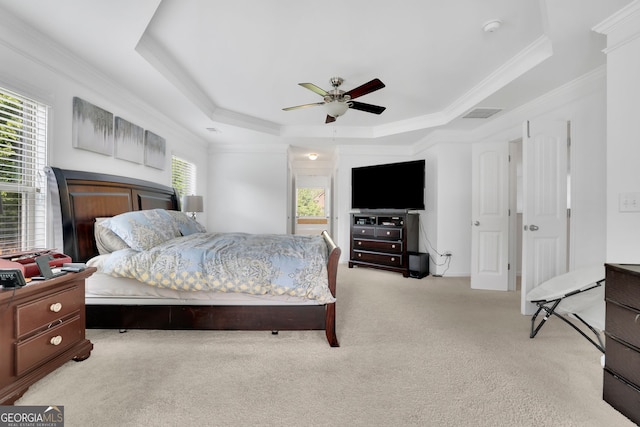 425 Eldridge Dr, Suwanee, GA 30024 - bedroom with a tray ceiling, crown molding, light colored carpet, ceiling fan, and ensuite bathroom