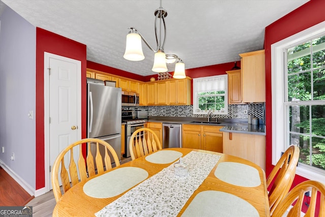 52 Cherub Ln, Sharpsburg, GA 30277 - kitchen with stainless steel appliances, light wood-style flooring, decorative backsplash, dark countertops, and hanging light fixtures