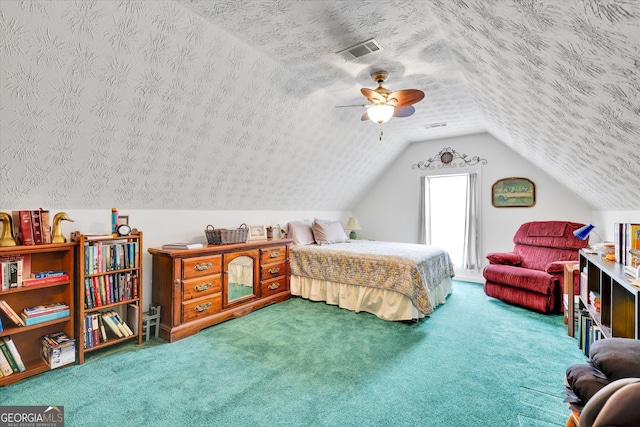 52 Cherub Ln, Sharpsburg, GA 30277 - carpeted bedroom featuring vaulted ceiling, ceiling fan, and a textured ceiling