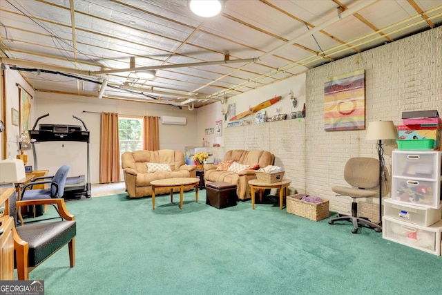 52 Cherub Ln, Sharpsburg, GA 30277 - living room featuring carpet floors, brick wall, and a wall unit AC