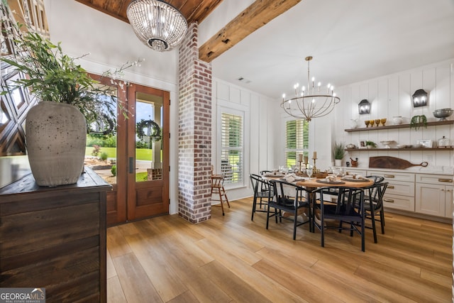 639 Frank Crook Rd, Canon, GA 30520 - dining area with a chandelier, light wood-style flooring, and beam ceiling