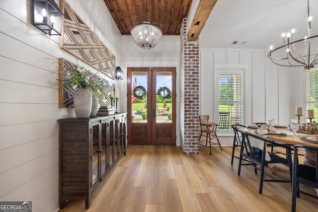 639 Frank Crook Rd, Canon, GA 30520 - entryway featuring a chandelier, light wood finished floors, french doors, and wood ceiling
