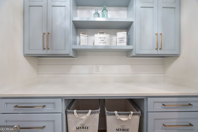 639 Frank Crook Rd, Canon, GA 30520 - kitchen featuring gray cabinetry, open shelves, and light countertops