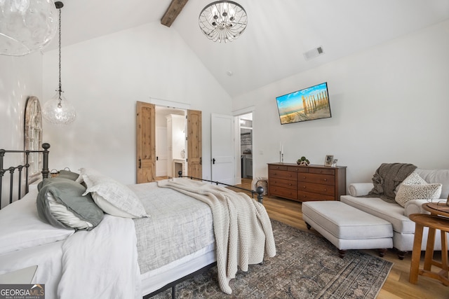 639 Frank Crook Rd, Canon, GA 30520 - bedroom featuring wood finished floors, beamed ceiling, high vaulted ceiling, and a chandelier