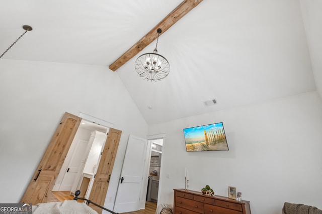 639 Frank Crook Rd, Canon, GA 30520 - living area featuring beamed ceiling, high vaulted ceiling, a chandelier, and light wood-style flooring