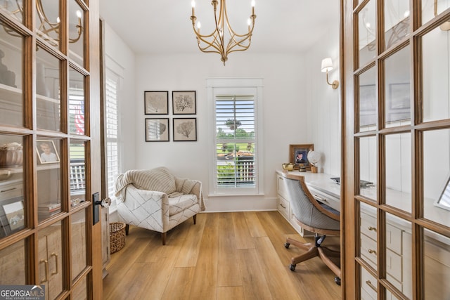 639 Frank Crook Rd, Canon, GA 30520 - office featuring light wood-style flooring, a chandelier, and french doors
