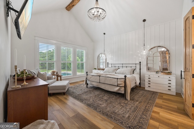 639 Frank Crook Rd, Canon, GA 30520 - bedroom with high vaulted ceiling, a chandelier, beam ceiling, and wood finished floors