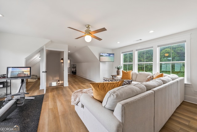 639 Frank Crook Rd, Canon, GA 30520 - living room featuring a ceiling fan, wood finished floors, recessed lighting, and lofted ceiling
