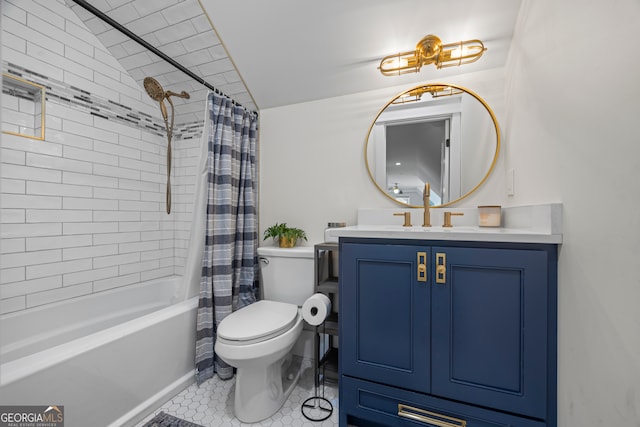 639 Frank Crook Rd, Canon, GA 30520 - full bath with vanity, shower / bath combination with curtain, tile patterned flooring, and vaulted ceiling