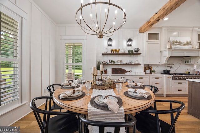 639 Frank Crook Rd, Canon, GA 30520 - dining space with a chandelier, beam ceiling, and light wood-style floors