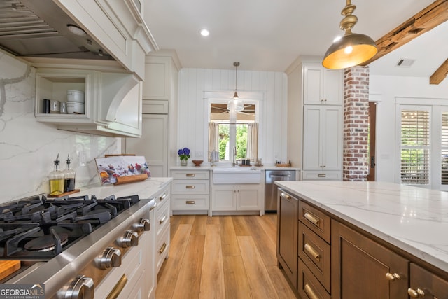 639 Frank Crook Rd, Canon, GA 30520 - kitchen with appliances with stainless steel finishes, light wood finished floors, white cabinetry, pendant lighting, and recessed lighting