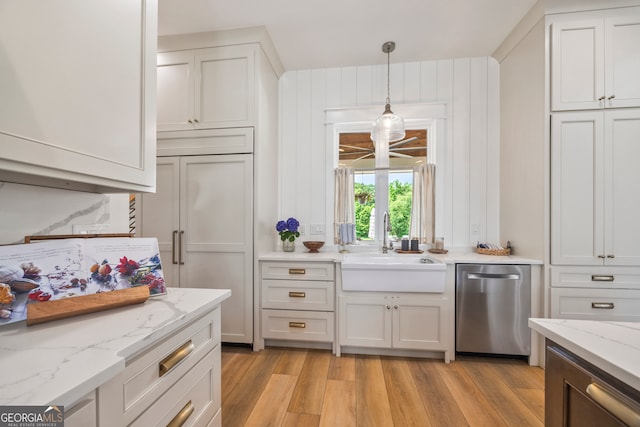 639 Frank Crook Rd, Canon, GA 30520 - kitchen with stainless steel dishwasher, light wood finished floors, pendant lighting, and white cabinetry