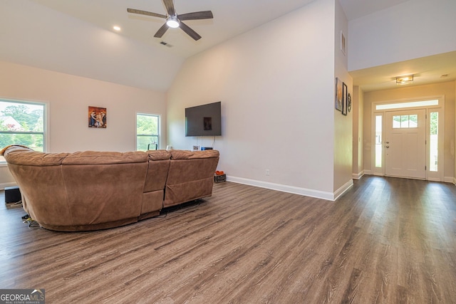 40 Westbrook Rd, Carrollton, GA 30116 - living area featuring dark wood-type flooring, healthy amount of natural light, ceiling fan, and high vaulted ceiling