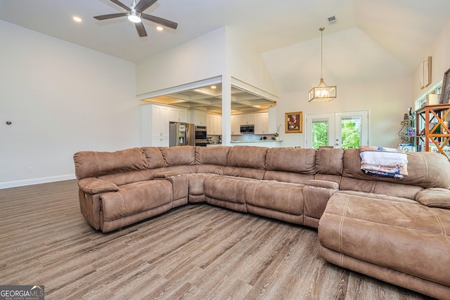 40 Westbrook Rd, Carrollton, GA 30116 - living area featuring a ceiling fan, recessed lighting, french doors, high vaulted ceiling, and light wood-type flooring