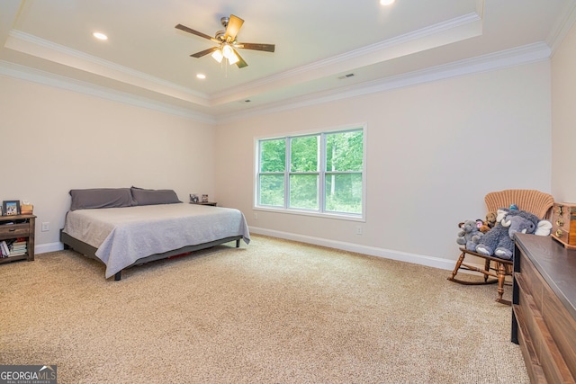 40 Westbrook Rd, Carrollton, GA 30116 - bedroom with a raised ceiling, light carpet, crown molding, recessed lighting, and ceiling fan