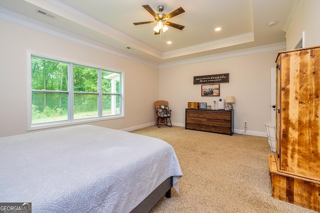40 Westbrook Rd, Carrollton, GA 30116 - bedroom featuring light colored carpet, a tray ceiling, crown molding, ceiling fan, and recessed lighting