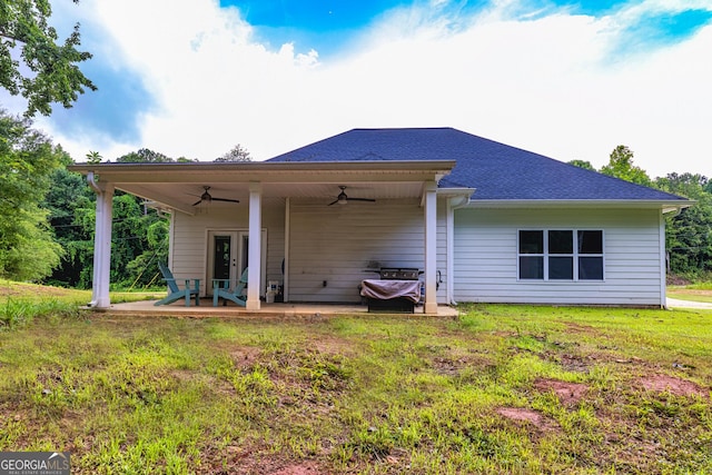 40 Westbrook Rd, Carrollton, GA 30116 - rear view of property featuring ceiling fan, a yard, a patio, french doors, and a shingled roof