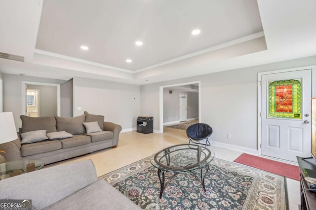 3887 Hickory Manor Dr, Suwanee, GA 30024 - living room with a raised ceiling, recessed lighting, and crown molding
