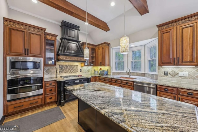 3887 Hickory Manor Dr, Suwanee, GA 30024 - kitchen with stainless steel appliances, light wood-style flooring, beam ceiling, light stone countertops, and hanging light fixtures
