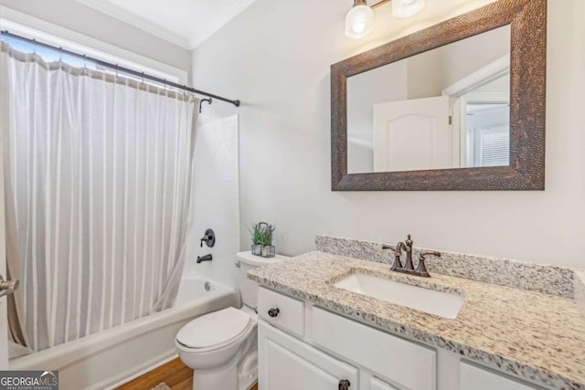 3887 Hickory Manor Dr, Suwanee, GA 30024 - bathroom featuring vanity, shower / bathtub combination with curtain, ornamental molding, and wood finished floors