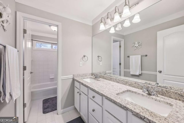 3887 Hickory Manor Dr, Suwanee, GA 30024 - bathroom featuring double vanity, tile patterned flooring, and shower / tub combination