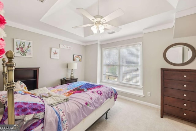 3887 Hickory Manor Dr, Suwanee, GA 30024 - bedroom featuring light colored carpet, a ceiling fan, and a raised ceiling