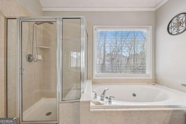 3887 Hickory Manor Dr, Suwanee, GA 30024 - full bath featuring healthy amount of natural light, a bath, a shower stall, and crown molding