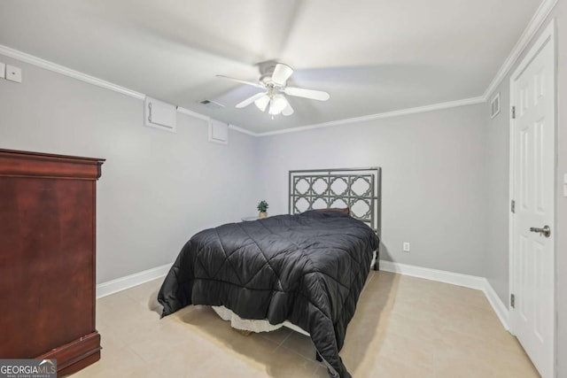 3887 Hickory Manor Dr, Suwanee, GA 30024 - bedroom with ornamental molding, ceiling fan, and tile patterned floors