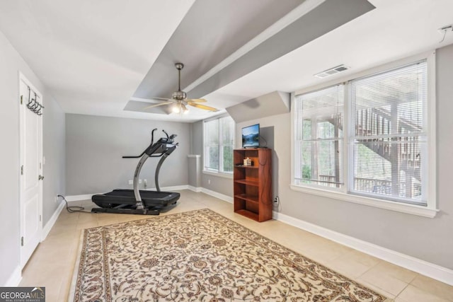3887 Hickory Manor Dr, Suwanee, GA 30024 - workout room with tile patterned floors and a ceiling fan