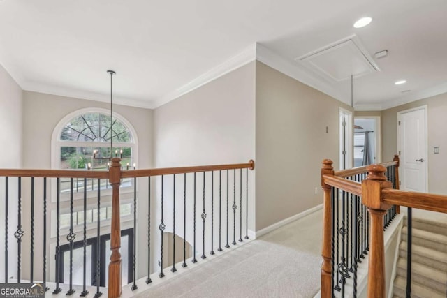 3887 Hickory Manor Dr, Suwanee, GA 30024 - corridor featuring attic access, carpet floors, an upstairs landing, recessed lighting, and ornamental molding