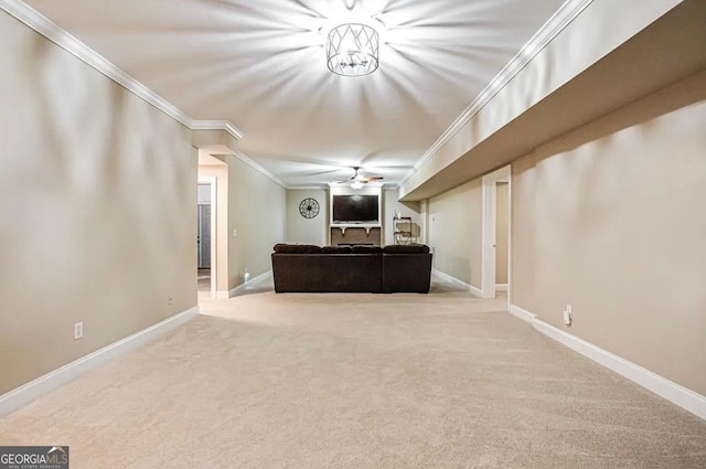 35 Inverleigh Row, Covington, GA 30014 - unfurnished living room with crown molding, carpet floors, and a ceiling fan