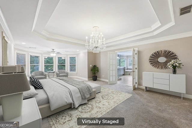 4685 Braselton Hwy, Hoschton, GA 30548 - carpeted bedroom with a raised ceiling, crown molding, a chandelier, ensuite bathroom, and recessed lighting