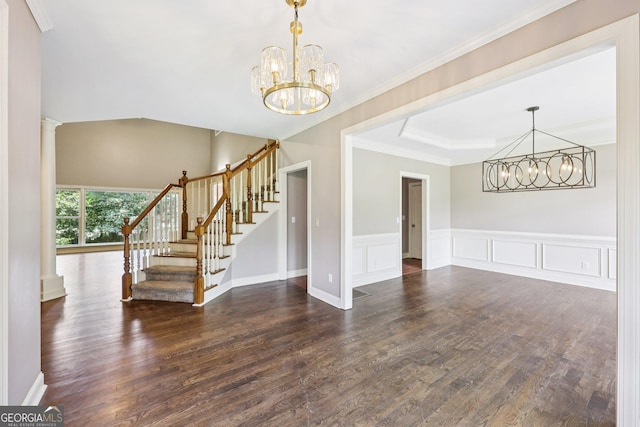 4685 Braselton Hwy, Hoschton, GA 30548 - interior space featuring a chandelier, stairway, wood finished floors, a wainscoted wall, and crown molding