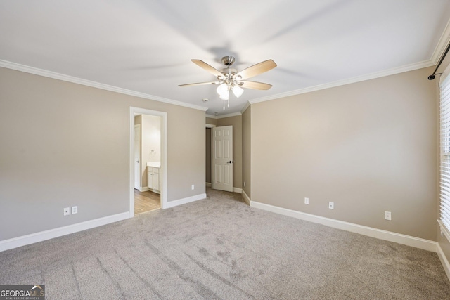 4685 Braselton Hwy, Hoschton, GA 30548 - unfurnished bedroom with crown molding, light colored carpet, ensuite bath, and ceiling fan