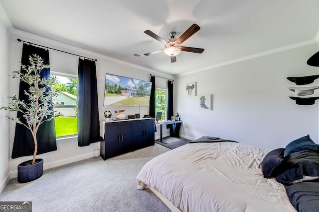 191 Eagle Heights Dr, Maysville, GA 30558 - bedroom with light carpet, ornamental molding, and ceiling fan
