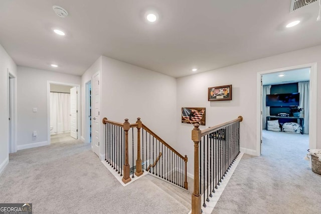 191 Eagle Heights Dr, Maysville, GA 30558 - hallway featuring an upstairs landing, light carpet, and recessed lighting