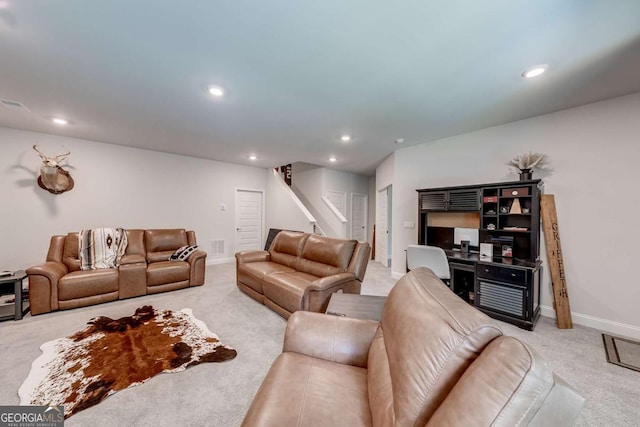 191 Eagle Heights Dr, Maysville, GA 30558 - living area featuring light carpet, stairs, and recessed lighting
