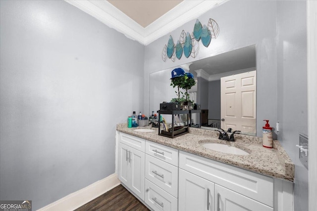 79 Hampton Hills Ln, Cleveland, GA 30528 - bathroom featuring crown molding, double vanity, and wood finished floors