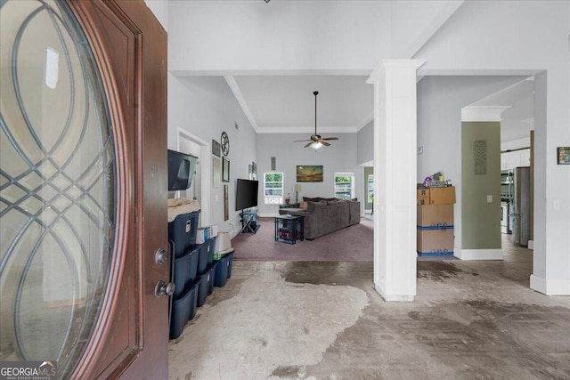 79 Hampton Hills Ln, Cleveland, GA 30528 - entryway with ceiling fan, crown molding, and decorative columns