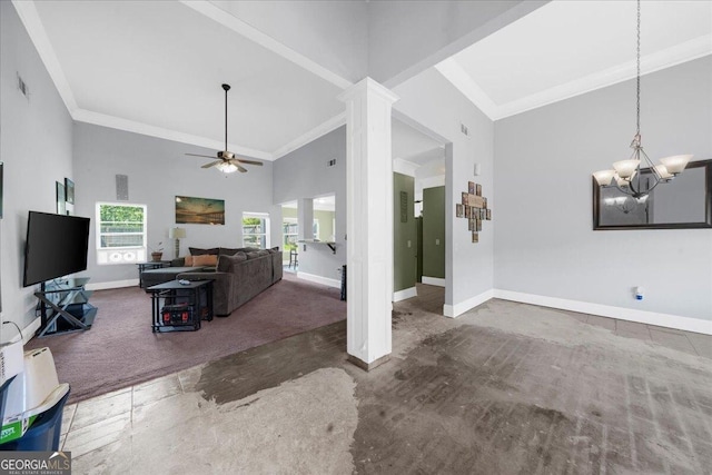 79 Hampton Hills Ln, Cleveland, GA 30528 - living area featuring ornamental molding, high vaulted ceiling, a ceiling fan, and a chandelier