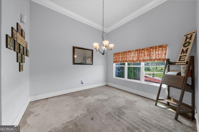 79 Hampton Hills Ln, Cleveland, GA 30528 - unfurnished dining area with crown molding, a chandelier, and a towering ceiling