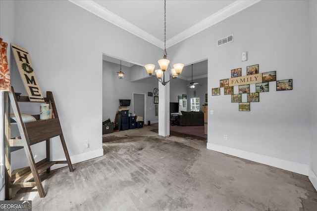 79 Hampton Hills Ln, Cleveland, GA 30528 - dining room featuring crown molding, a ceiling fan, a high ceiling, and a chandelier