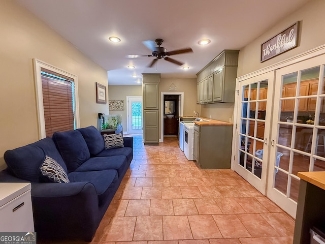 1940 Horne Rd, Eastman, GA 31023 - living room with french doors, ceiling fan, and recessed lighting