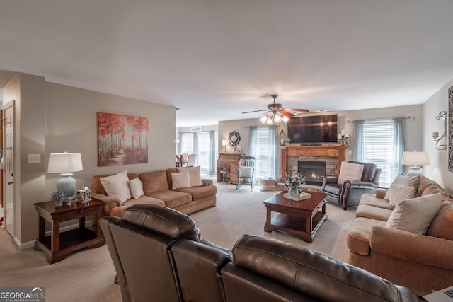 53 Denny Ln, Dallas, GA 30157 - living room with light colored carpet, a fireplace, and ceiling fan
