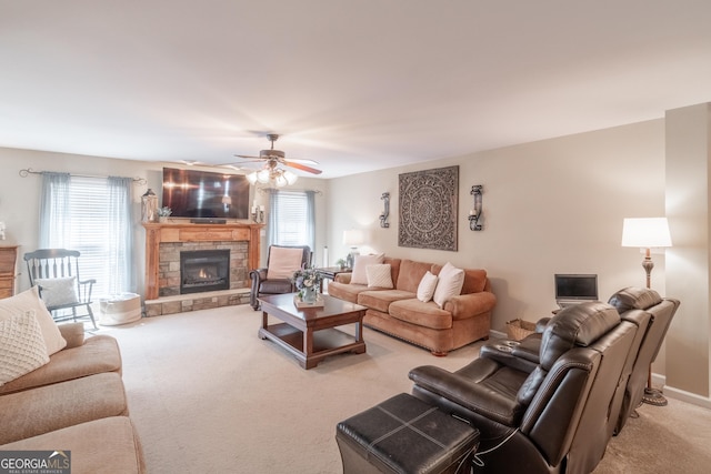 53 Denny Ln, Dallas, GA 30157 - living area with carpet, a fireplace, and ceiling fan