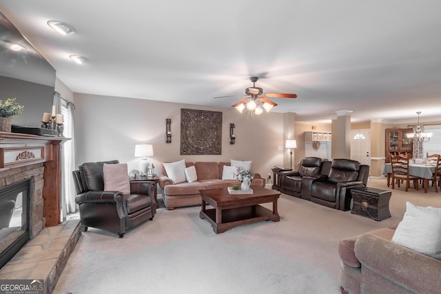 53 Denny Ln, Dallas, GA 30157 - living room with a ceiling fan, light carpet, a fireplace, and a chandelier